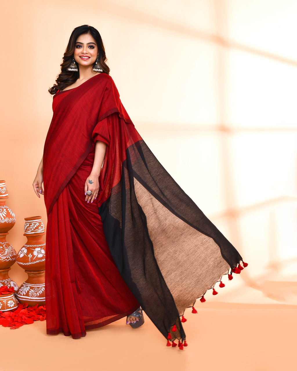 Handspun Cotton Red Handloom Saree with Matching Blouse