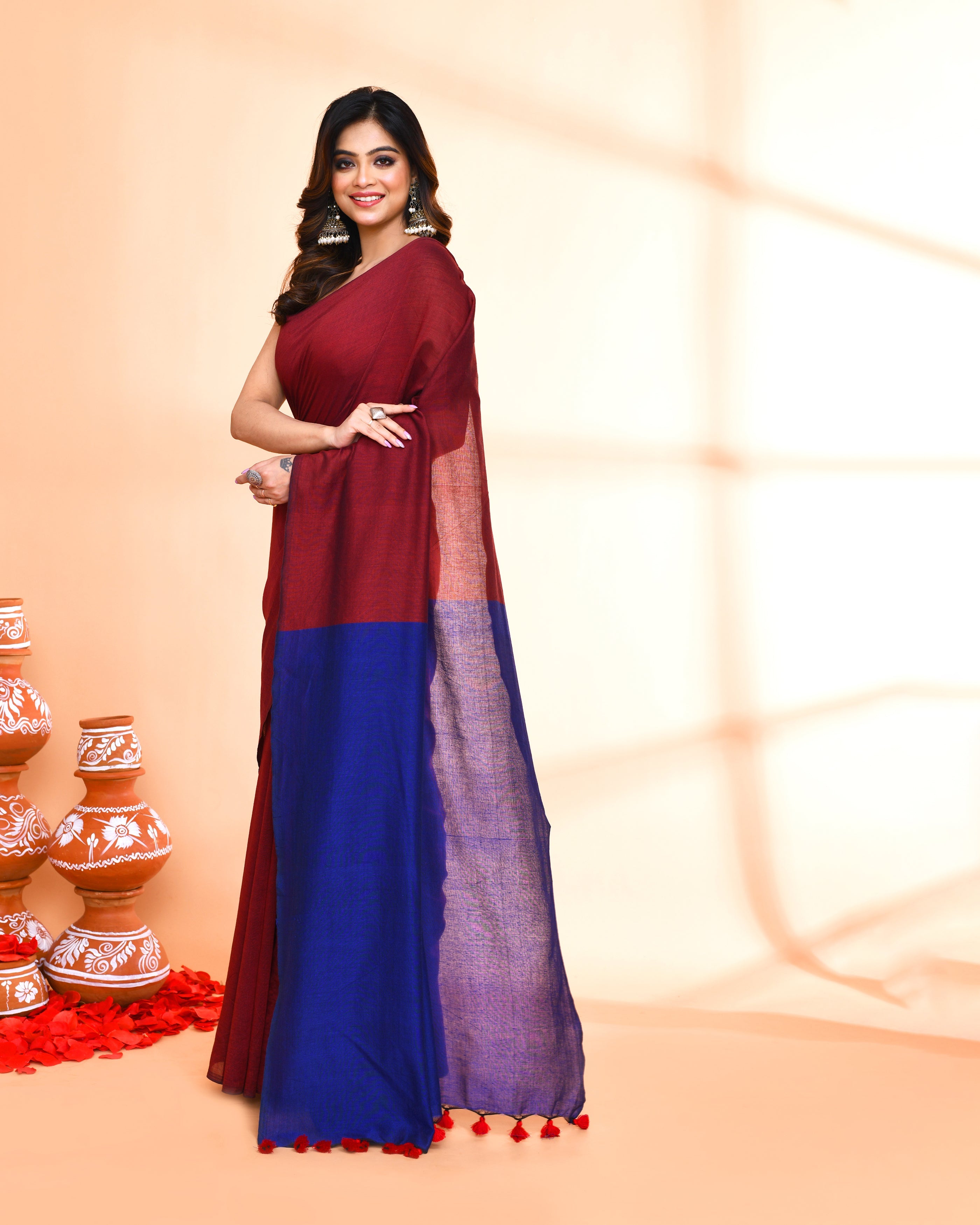 Handspun Cotton Maroon Handloom Saree with Blouse