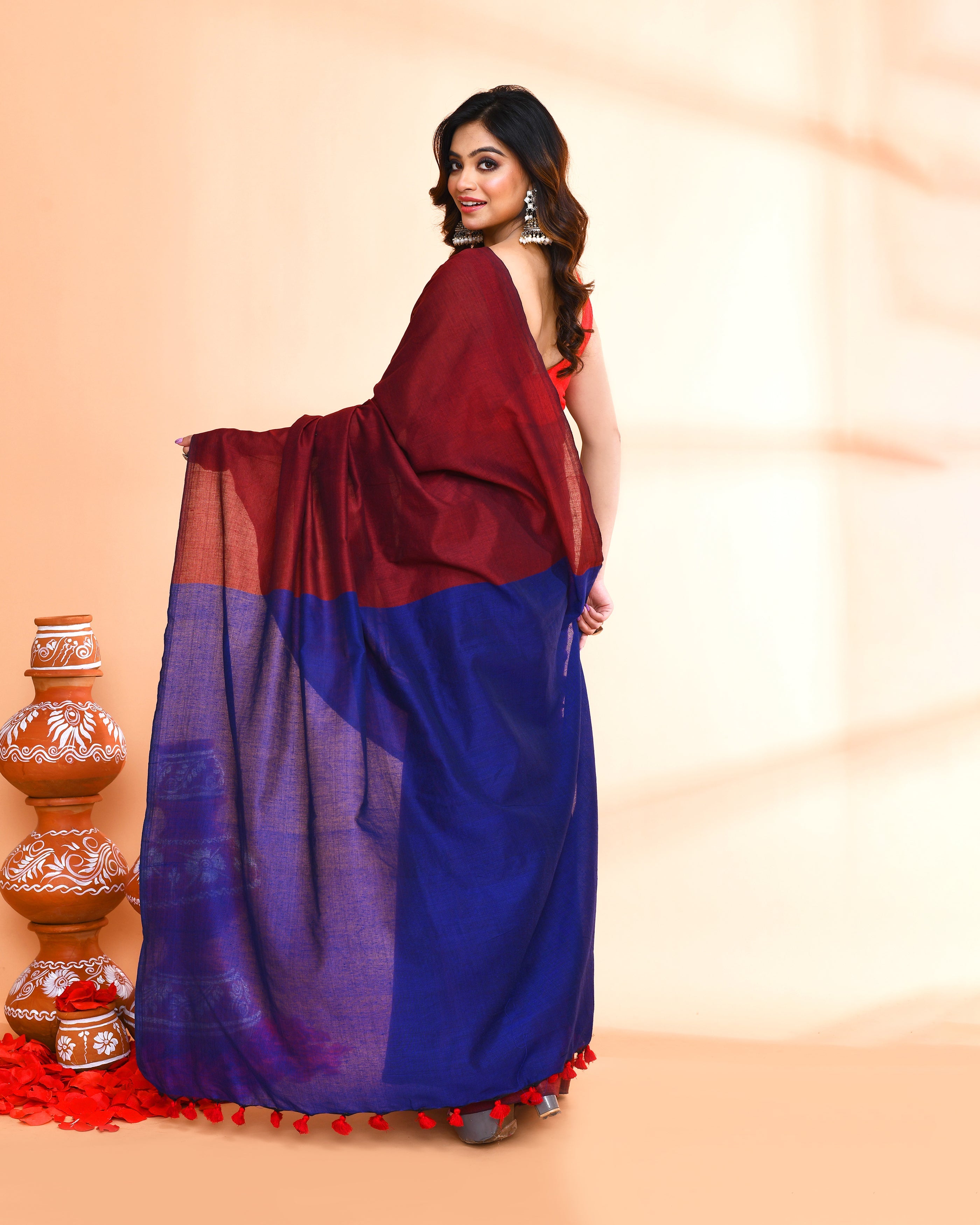 Handspun Cotton Maroon Handloom Saree with Blouse