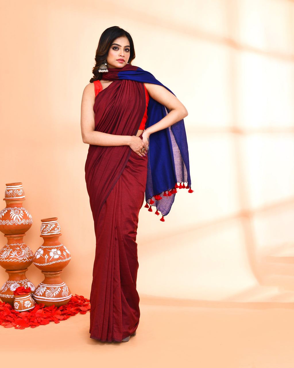 Handspun Cotton Maroon Handloom Saree with Blouse