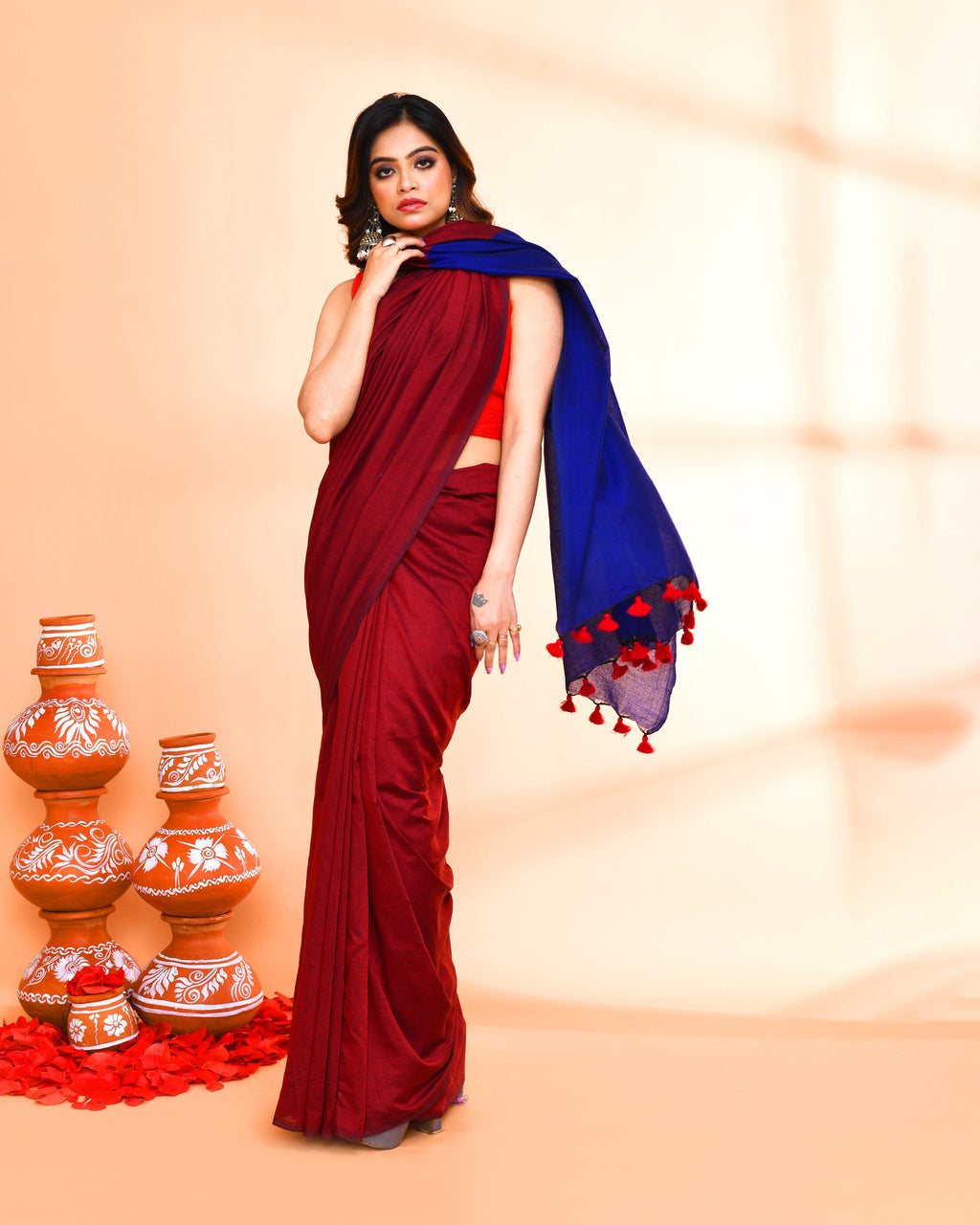 Handspun Cotton Maroon Handloom Saree with Blouse