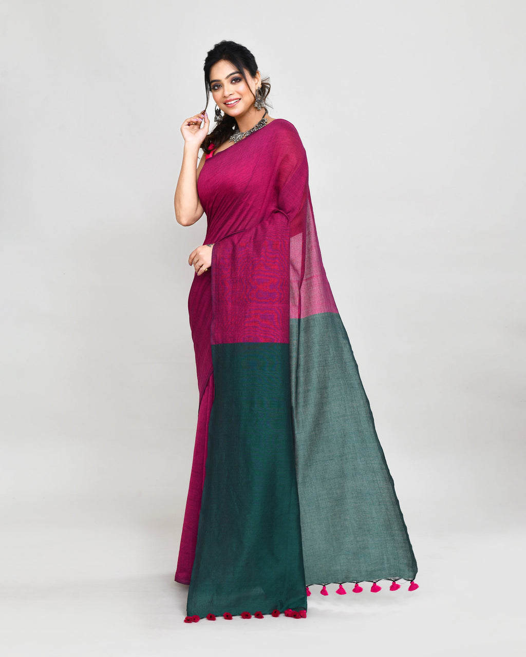 Rani Pink Handspun Cotton Handloom Saree With Matching Blouse