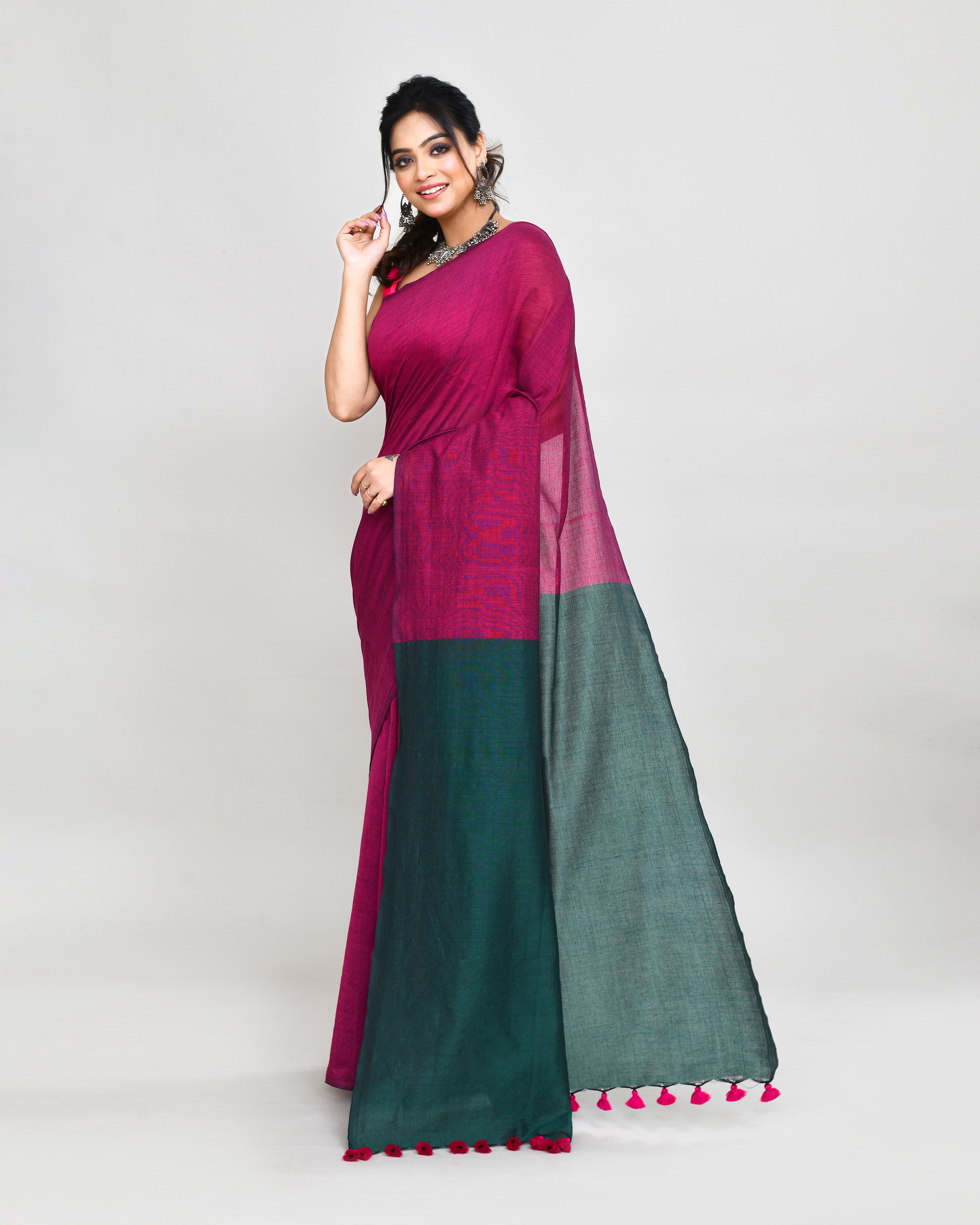 Rani Pink Handspun Cotton Handloom Saree With Matching Blouse