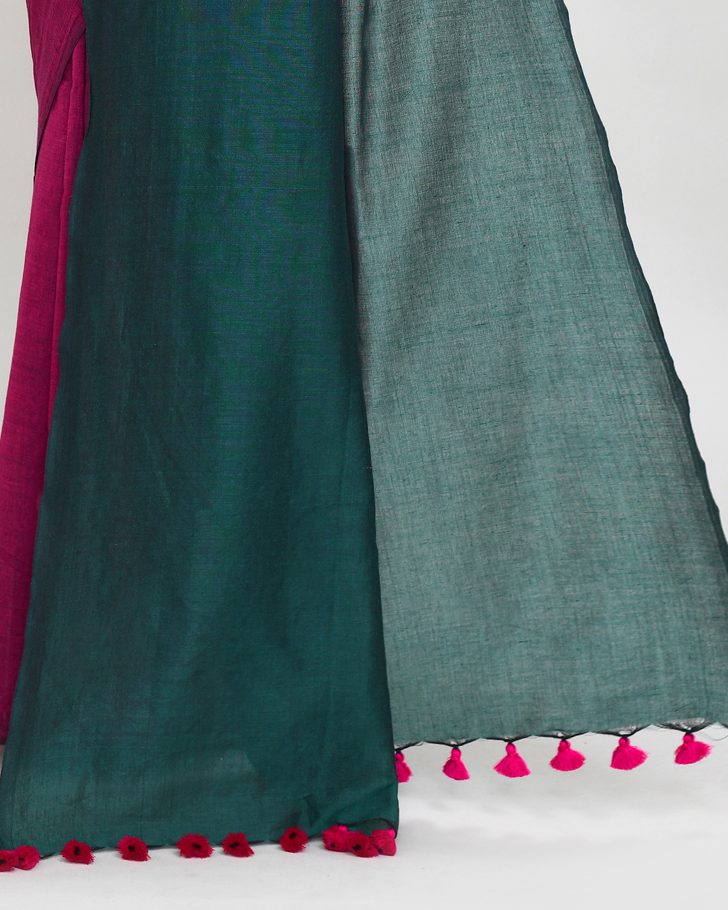 Rani Pink Handspun Cotton Handloom Saree With Matching Blouse