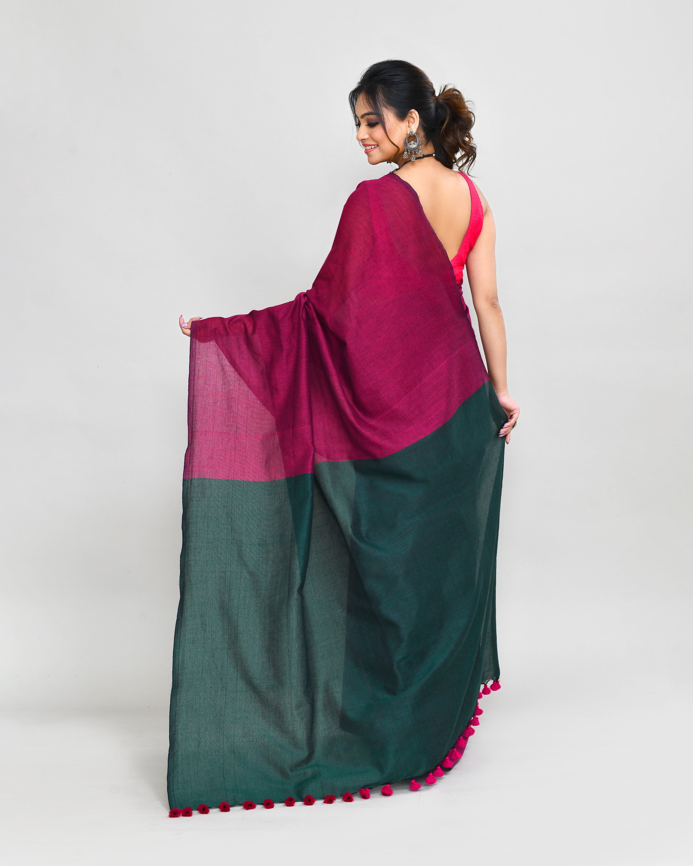Rani Pink Handspun Cotton Handloom Saree With Matching Blouse