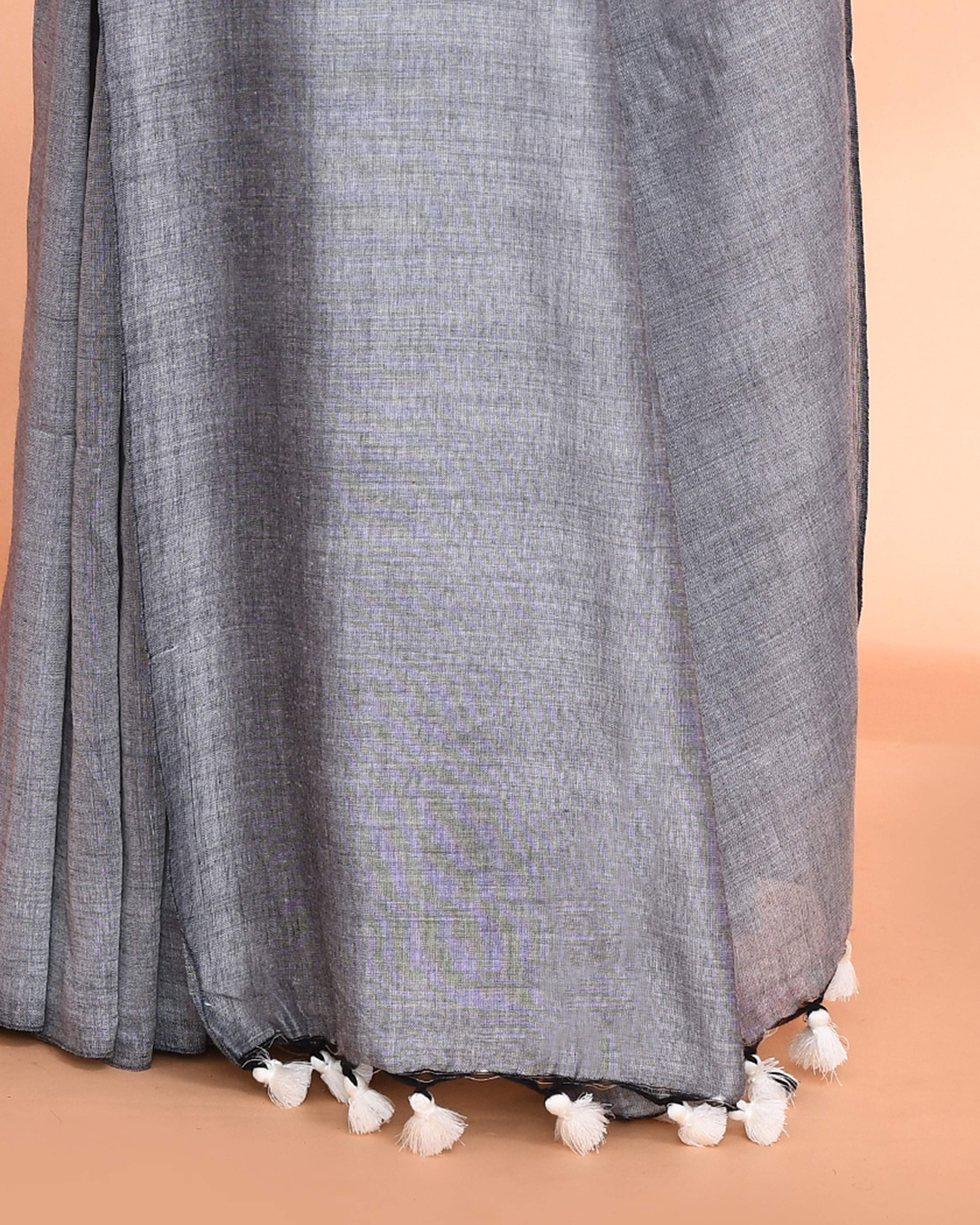 Silver Grey Handspun Cotton Handloom Saree with Matching Blouse