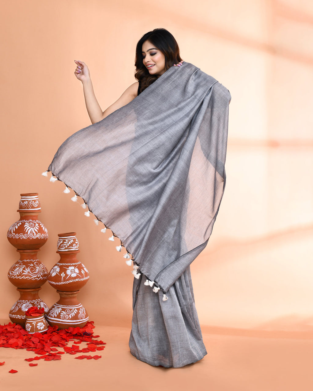 Silver Grey Handspun Cotton Handloom Saree with Matching Blouse
