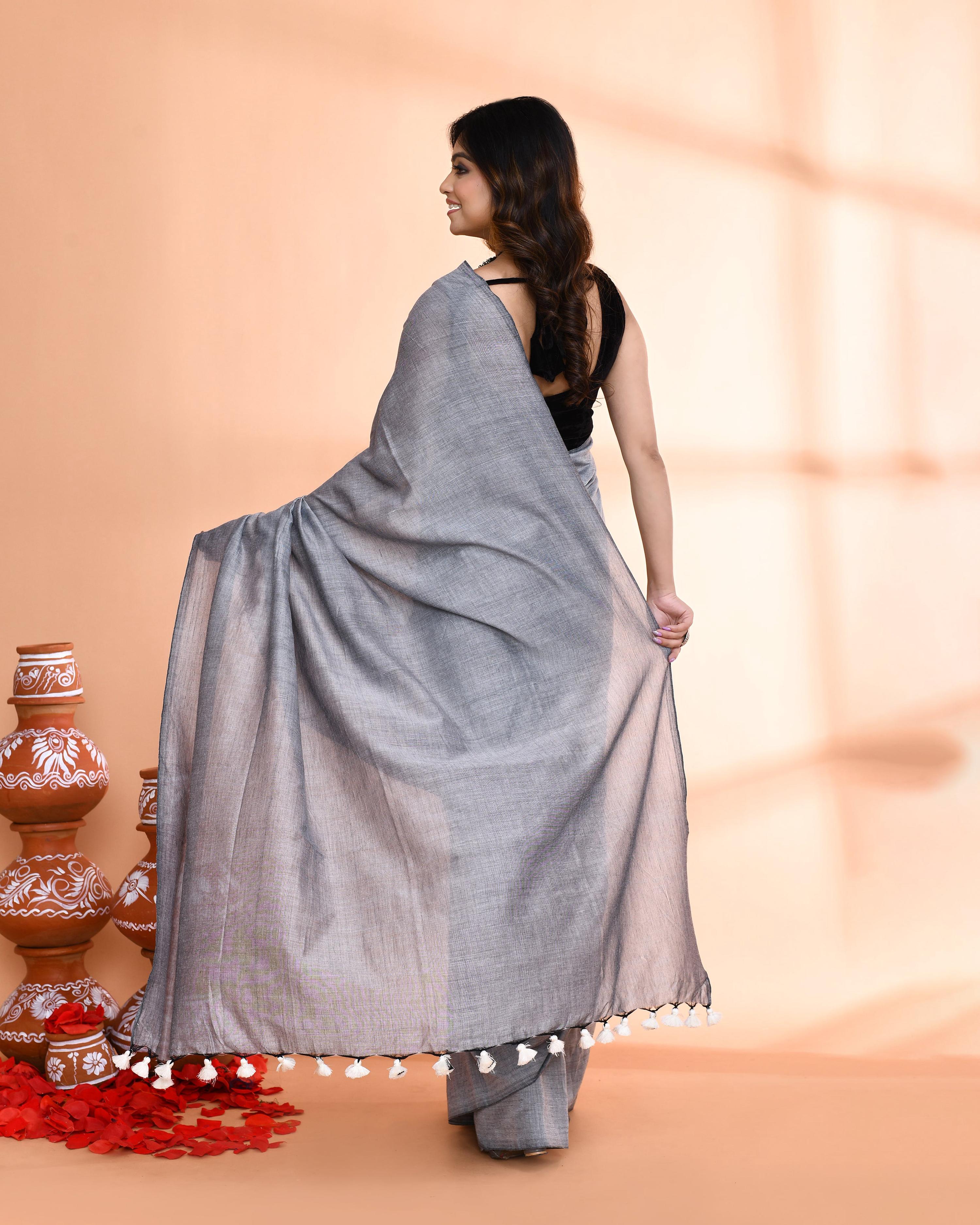 Silver Grey Handspun Cotton Handloom Saree with Matching Blouse