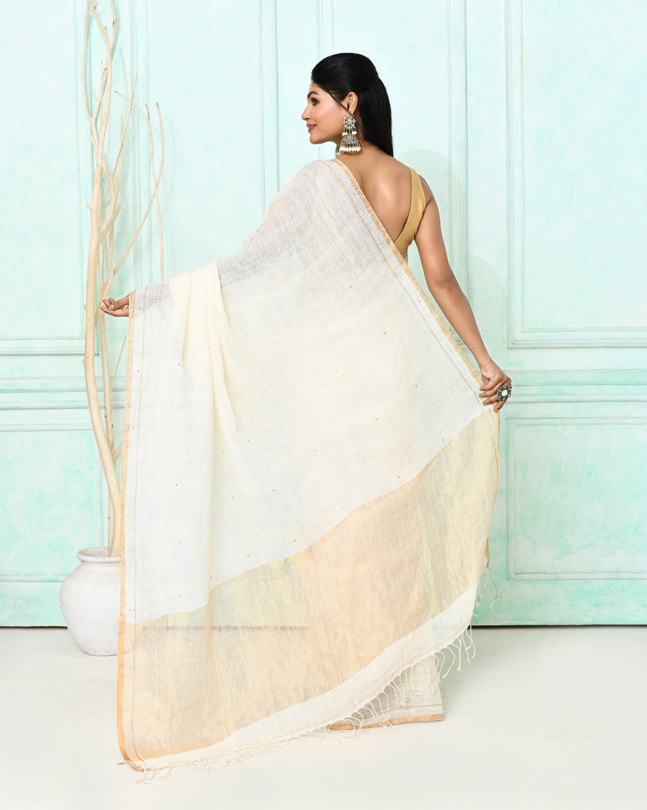 White Handloom Linen Saree with Sequin Embellishments