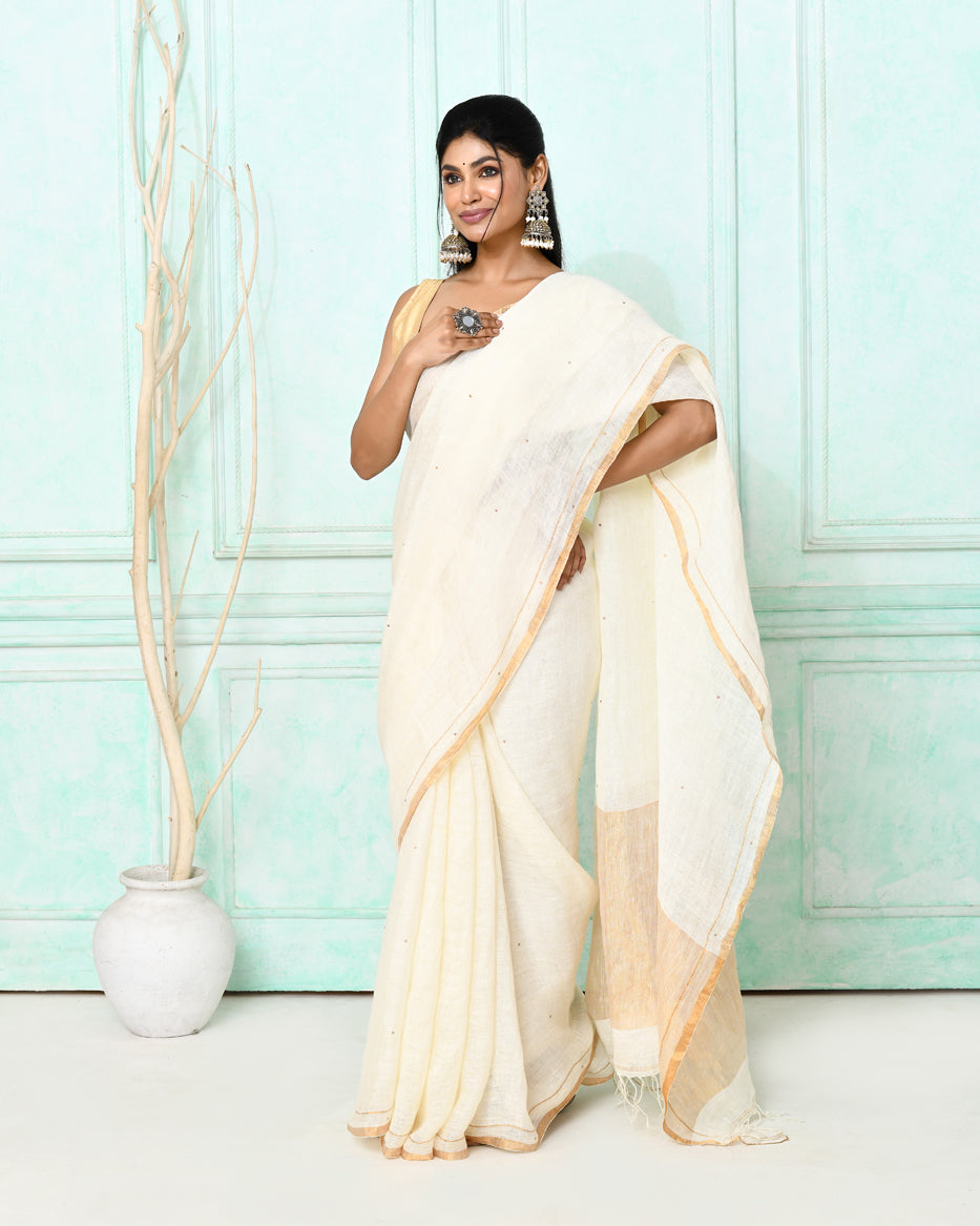 White Handloom Linen Saree with Sequin Embellishments