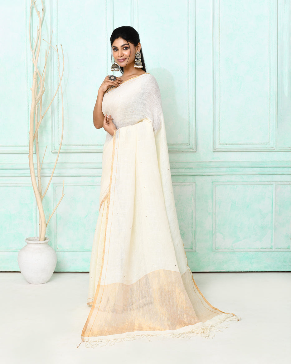 White Handloom Linen Saree with Sequin Embellishments