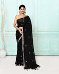 Black handloom linen Jamdani saree with matching blouse piece