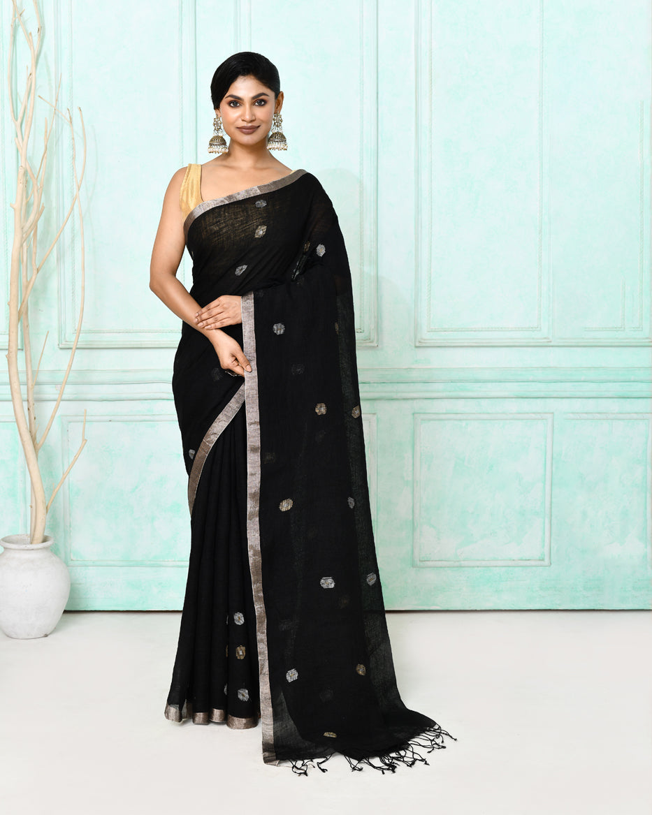 Black handloom linen Jamdani saree with matching blouse piece