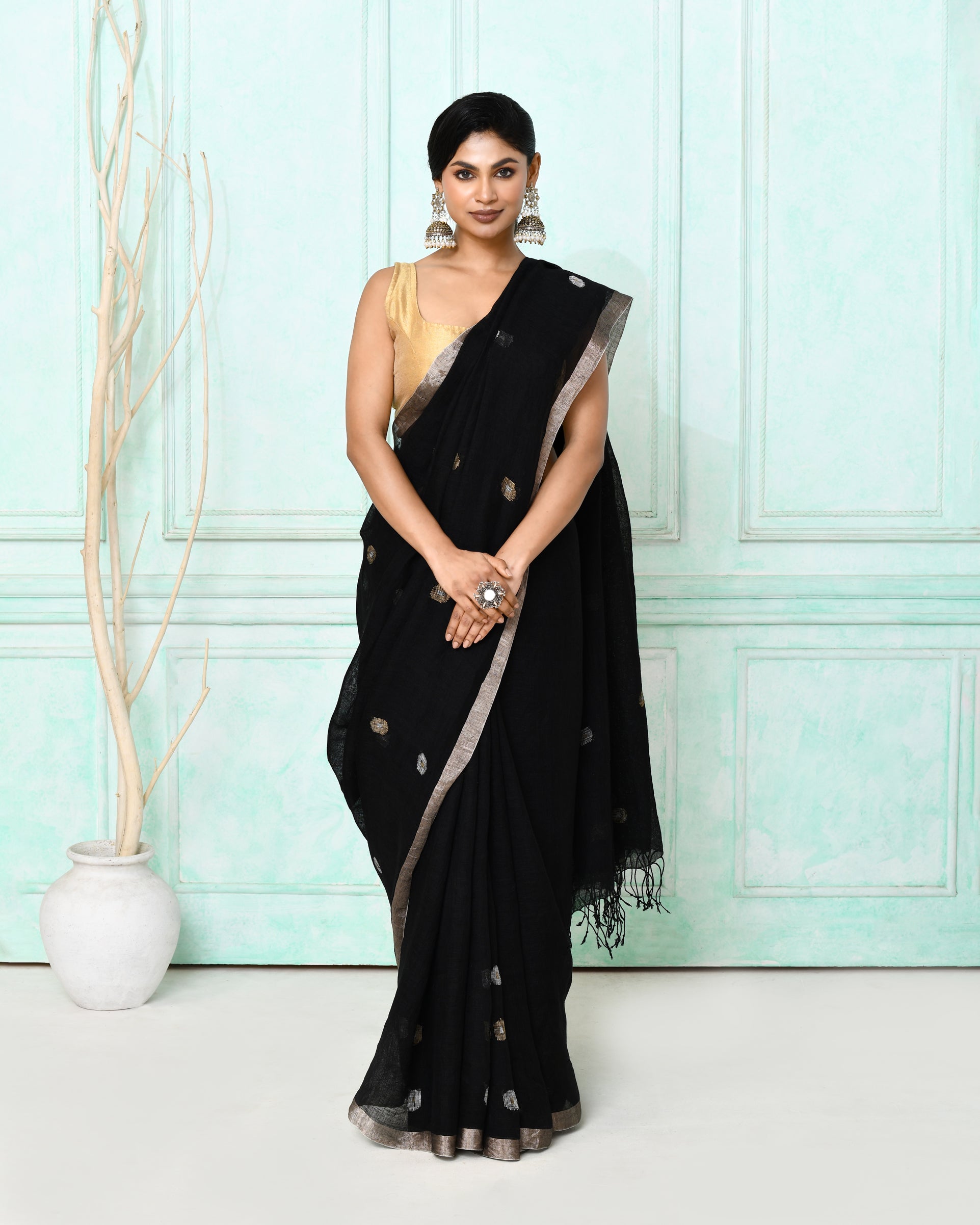 Black Handloom Linen Jamdani Saree with Matching Blouse