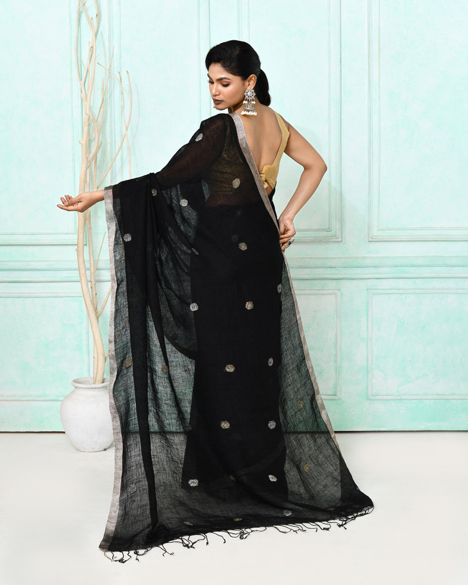 Black Handloom Linen Jamdani Saree with Matching Blouse