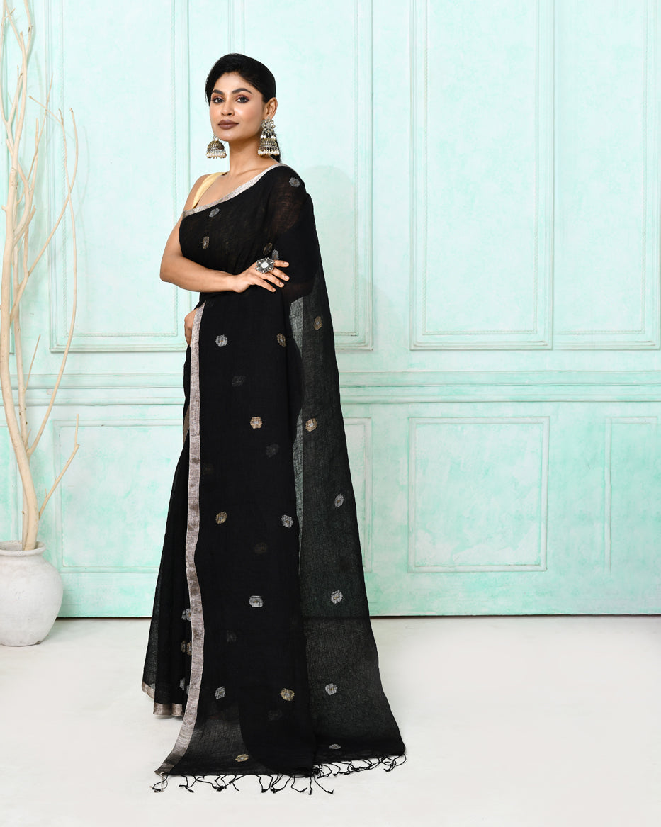 Black Handloom Linen Jamdani Saree with Matching Blouse