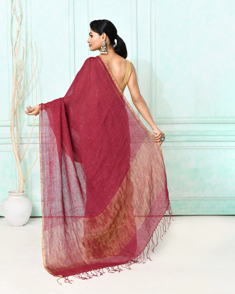 Maroon Handloom Linen Sequin Saree with Matching Blouse