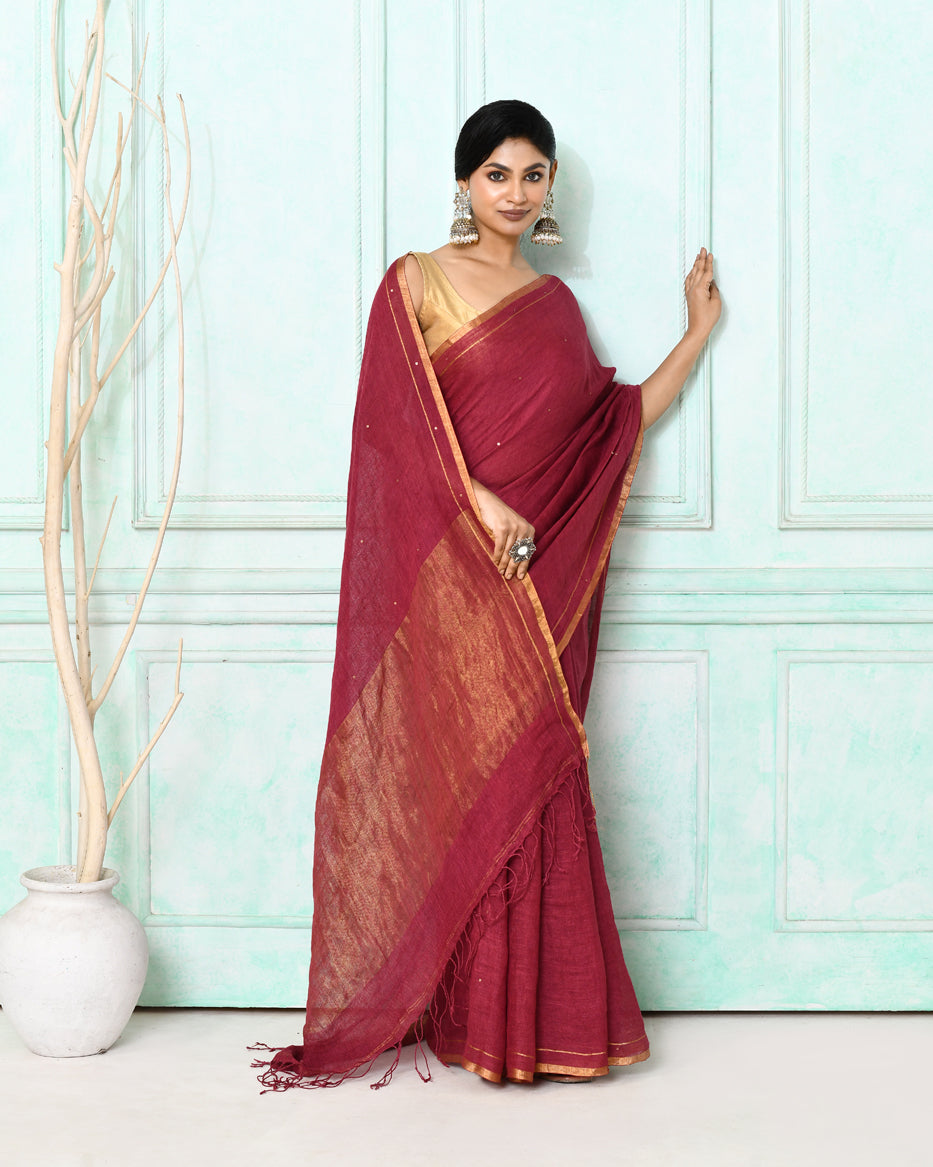 Maroon Handloom Linen Sequin Saree with Matching Blouse