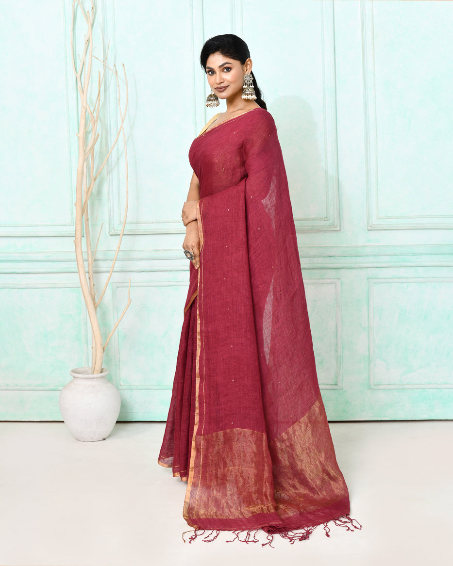 Maroon Handloom Linen Sequin Saree with Matching Blouse