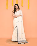 Piyari Fashion Women's Off White Linen Ball Jamdani Saree With Tassels