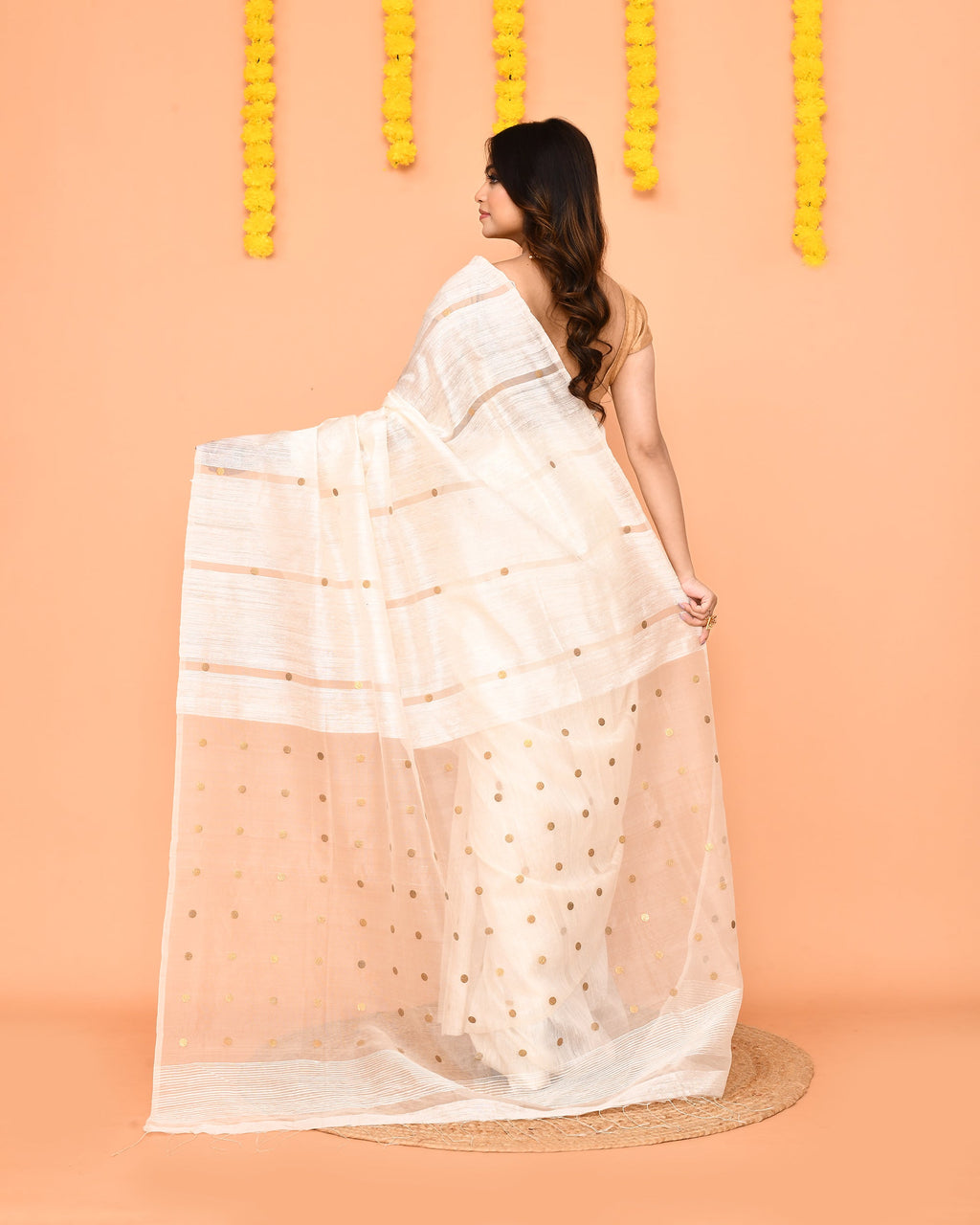 White Handwoven Matka Silk Jamdani Saree with Sequins