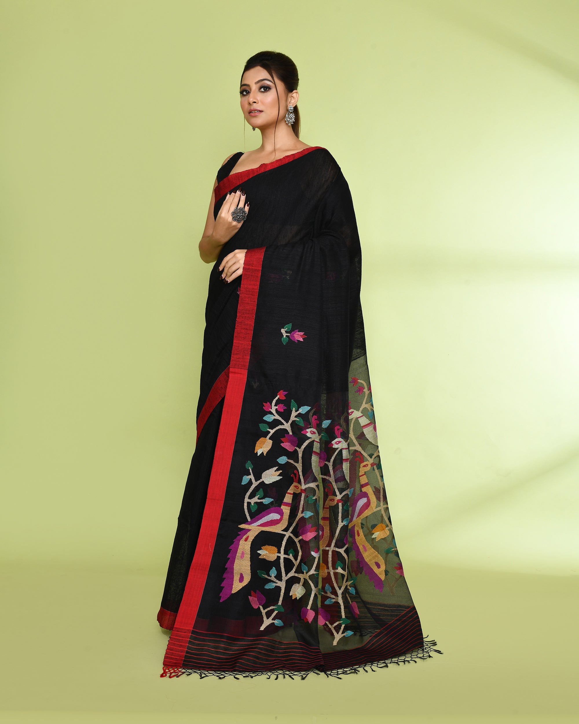 Black Embellished Matka Silk Jamdani Saree