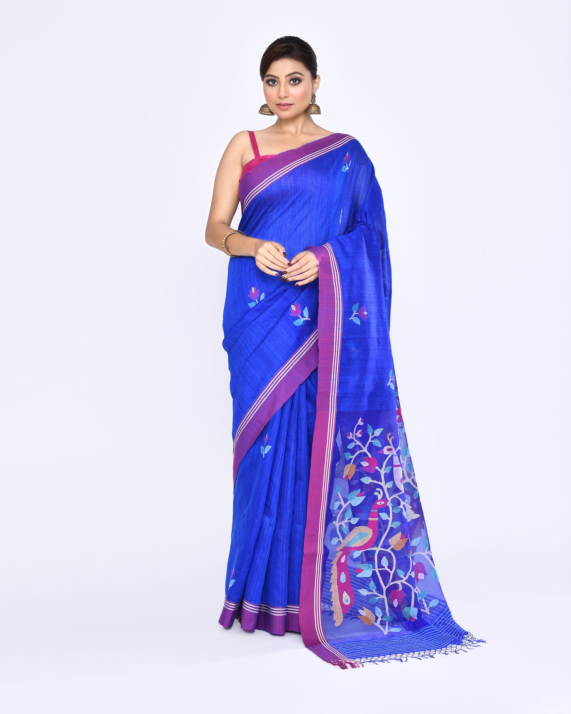 Royal Blue Matka Silk Jamdani Saree with Embellishments