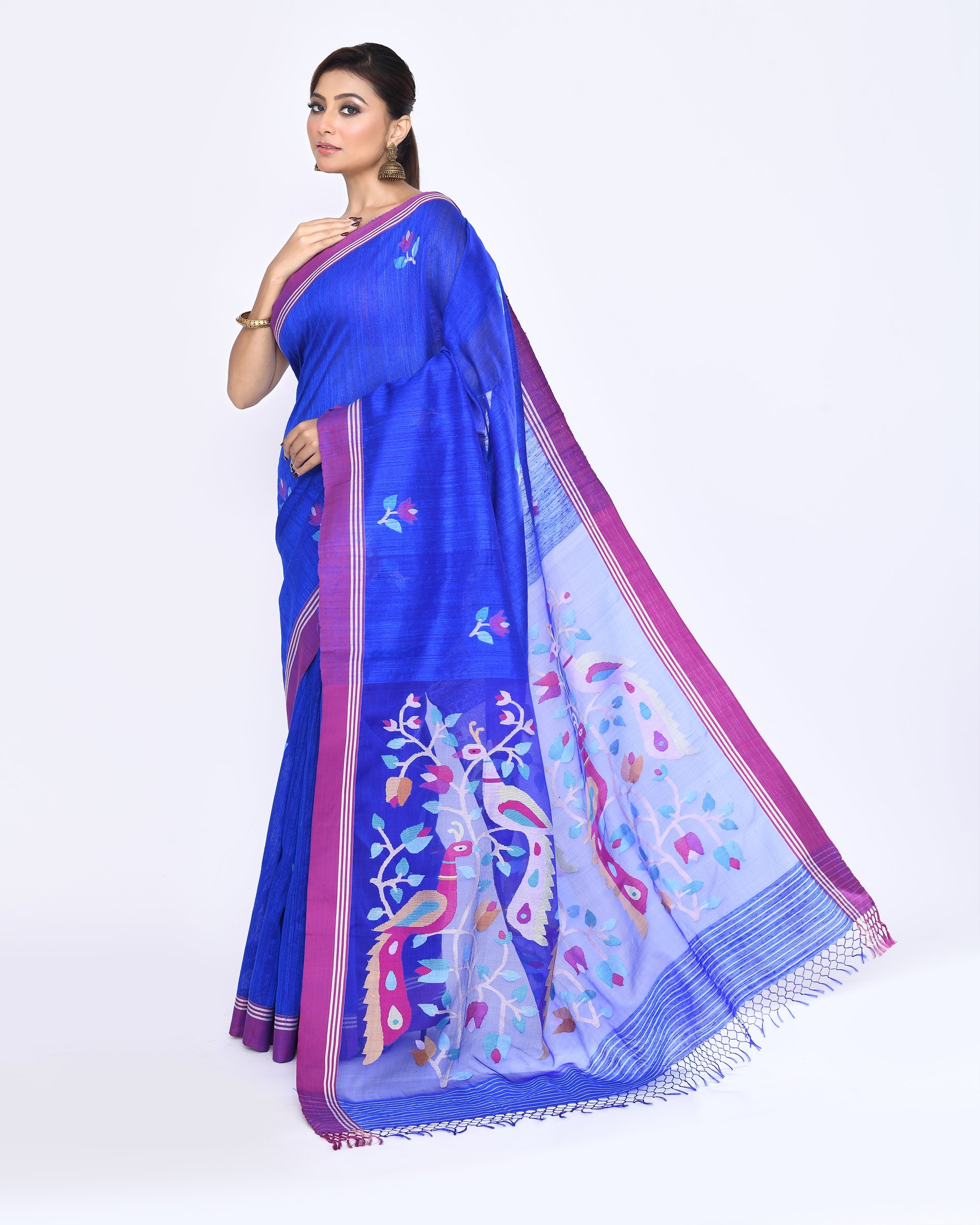 Royal Blue Matka Silk Jamdani Saree with Embellishments