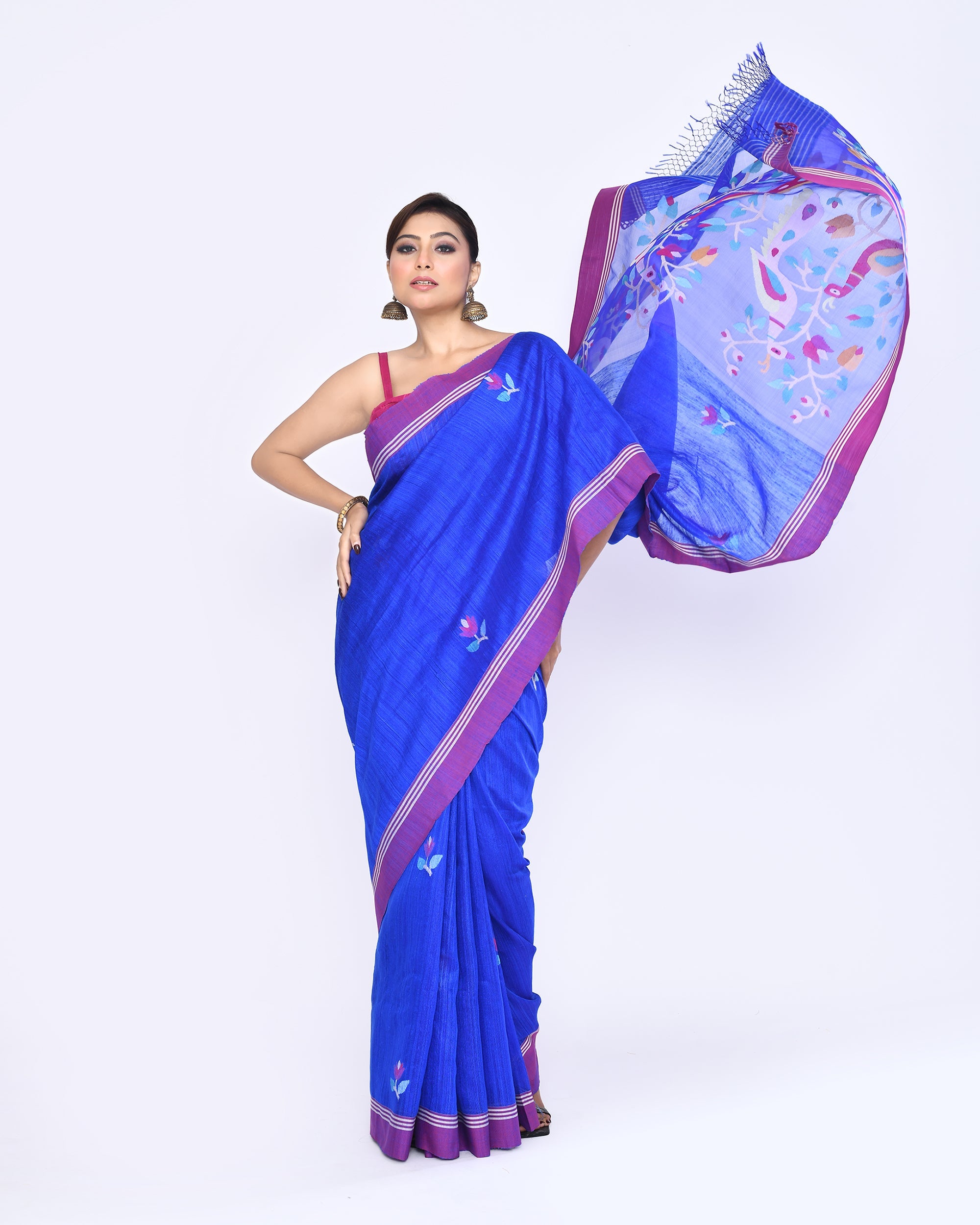 Royal blue Matka silk Jamdani saree with sophisticated embellishments