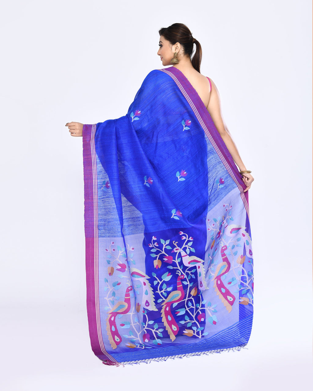 Royal Blue Matka Silk Jamdani Saree with Embellishments