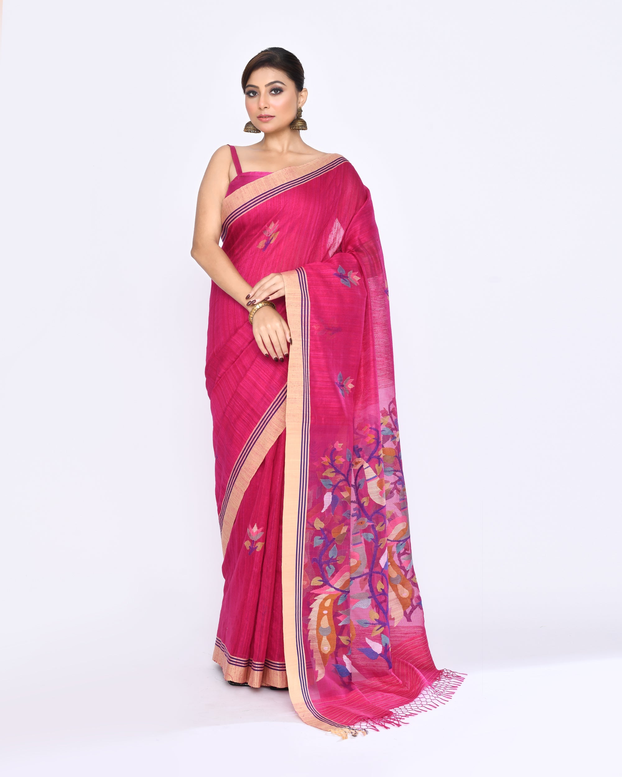 Rani pink Matka silk Jamdani saree with embellishments