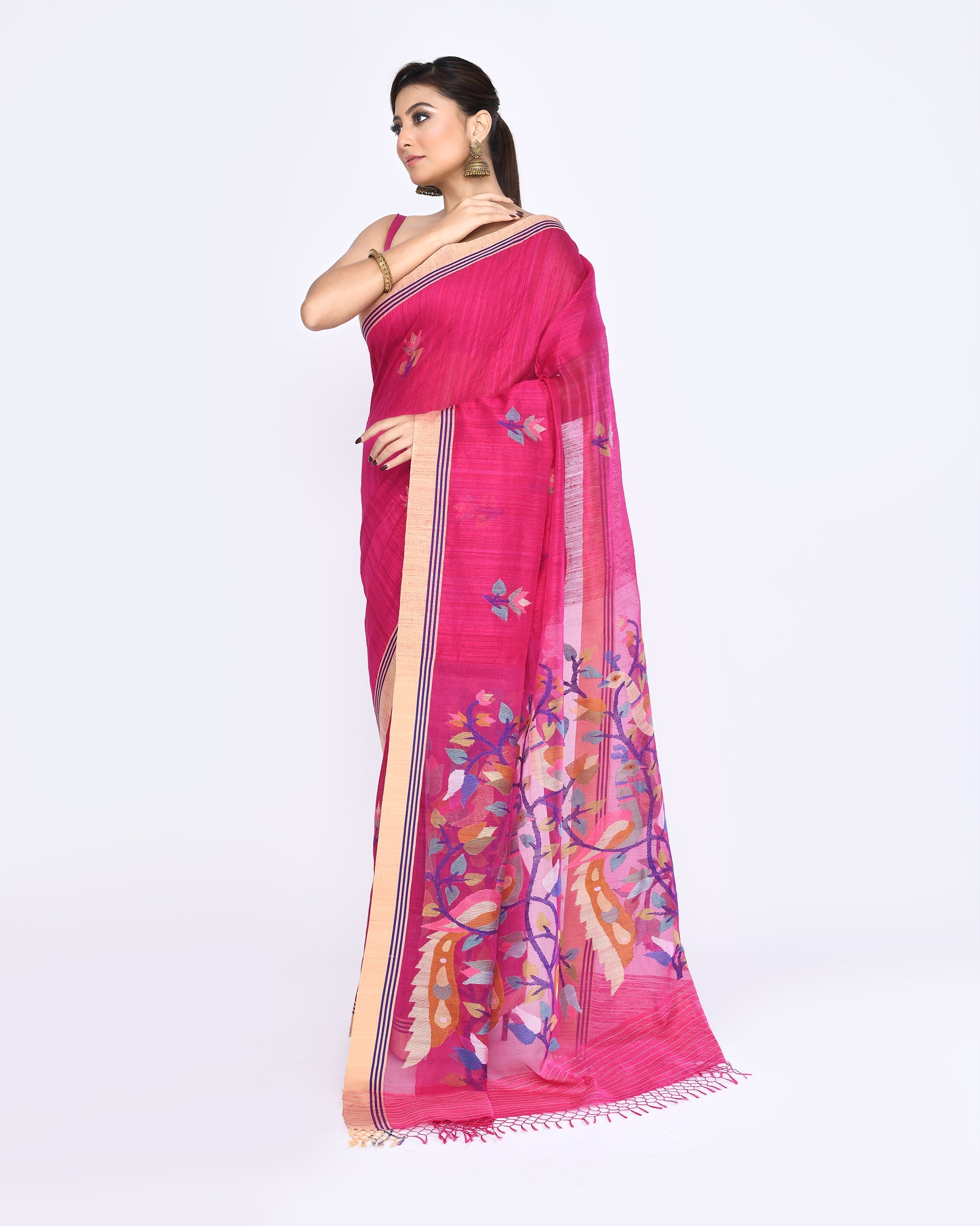 Rani Pink Embellished Matka Silk Jamdani Saree