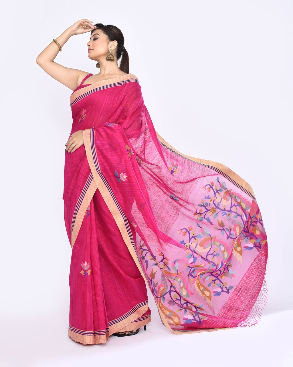 Rani Pink Embellished Matka Silk Jamdani Saree