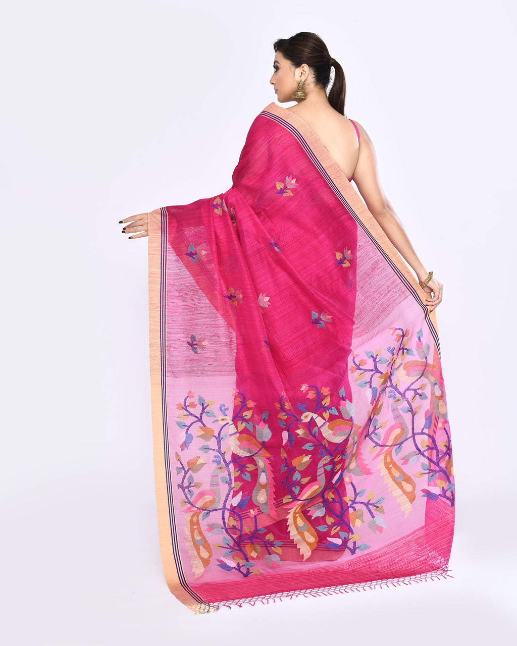 Rani Pink Embellished Matka Silk Jamdani Saree