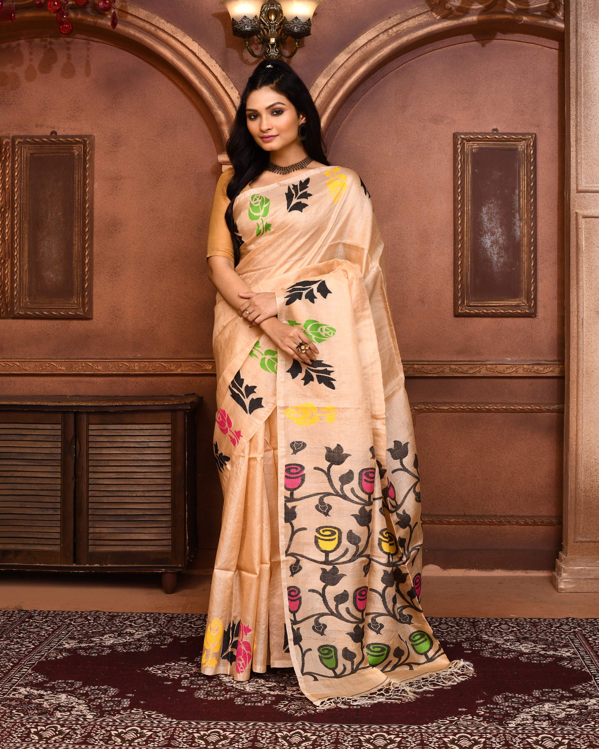 Beige Tussar Silk Jamdani Saree with Matching Blouse Piece