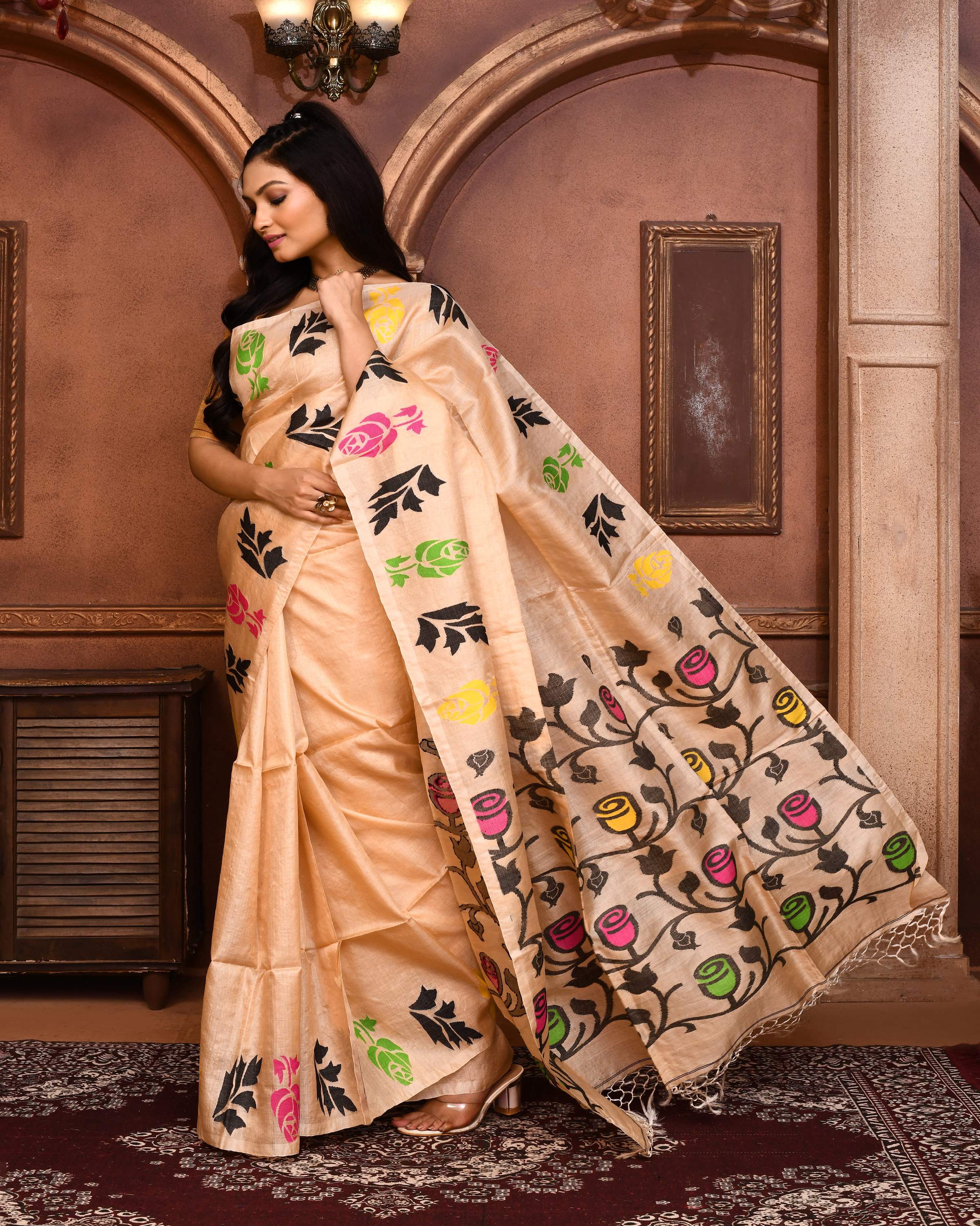 Beige Tussar Silk Jamdani Saree with Matching Blouse Piece
