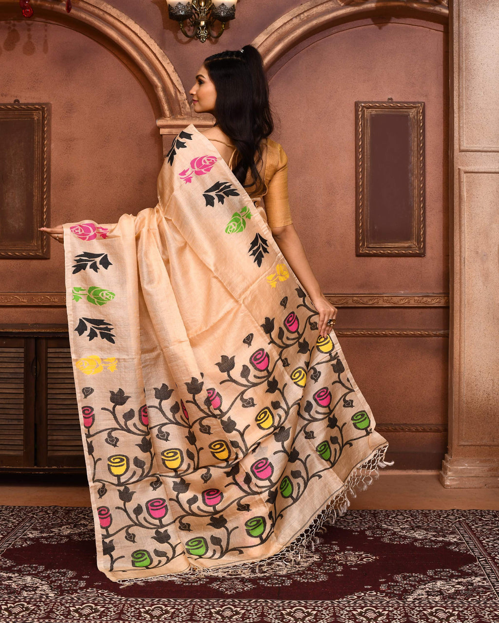 Beige Tussar Silk Jamdani Saree with Matching Blouse Piece