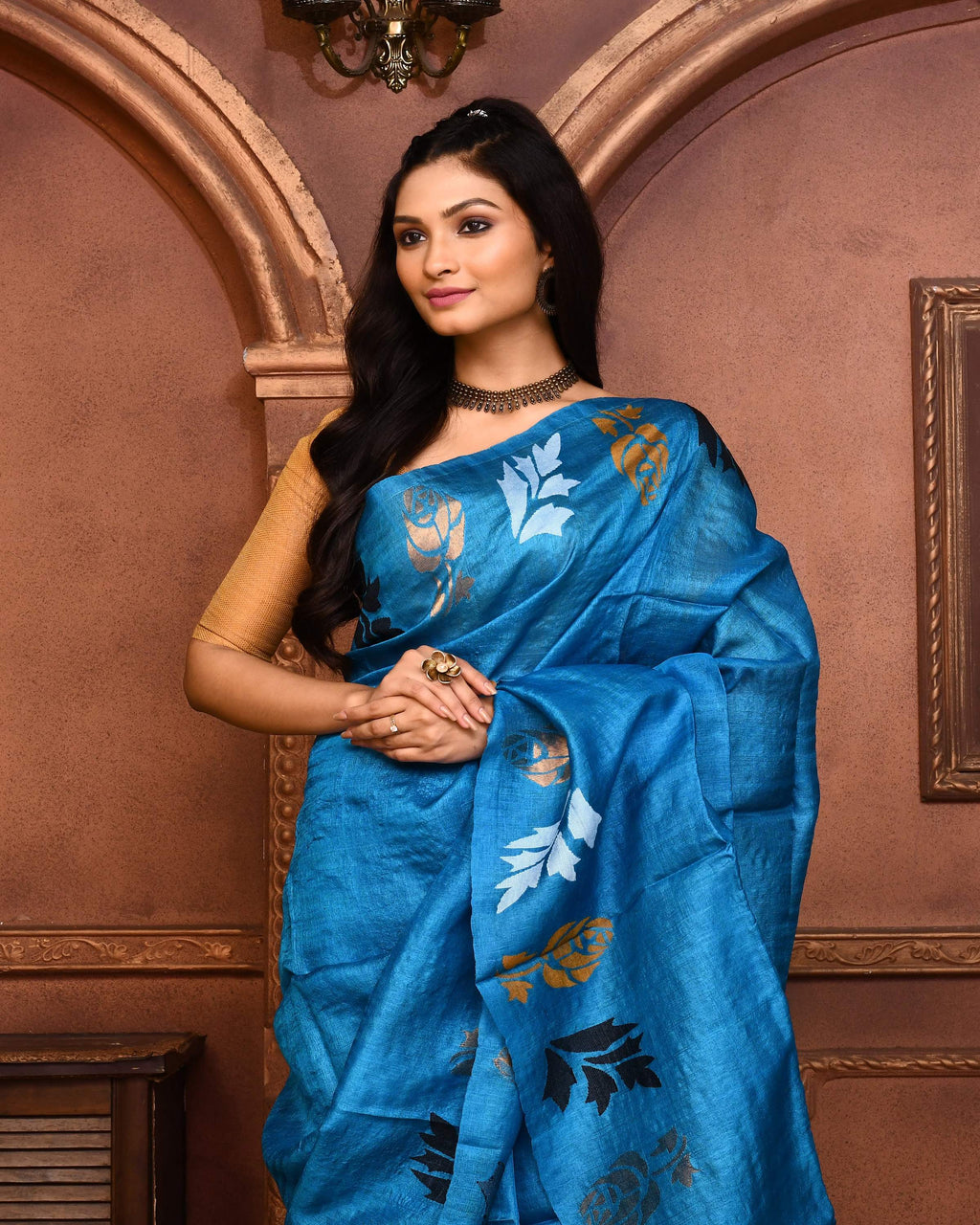 Piyari Fashion Turquoise Blue Tussar Silk Jamdani Saree With Blouse Piece