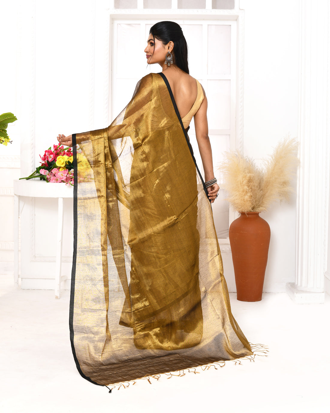 Gold Dual Tone Organic Tissue Saree with Blouse Piece