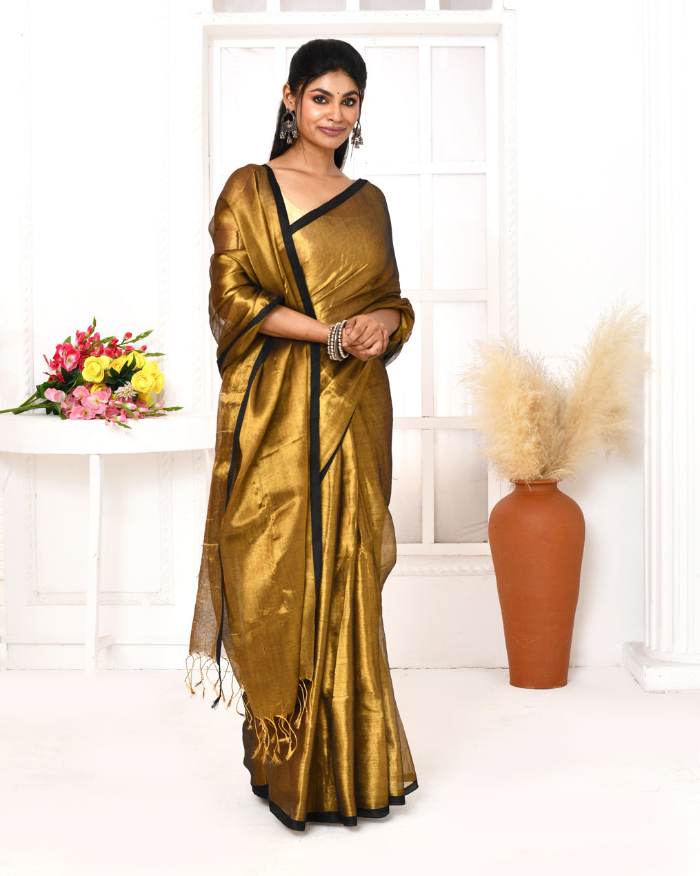Gold Dual Tone Organic Tissue Saree with Blouse Piece