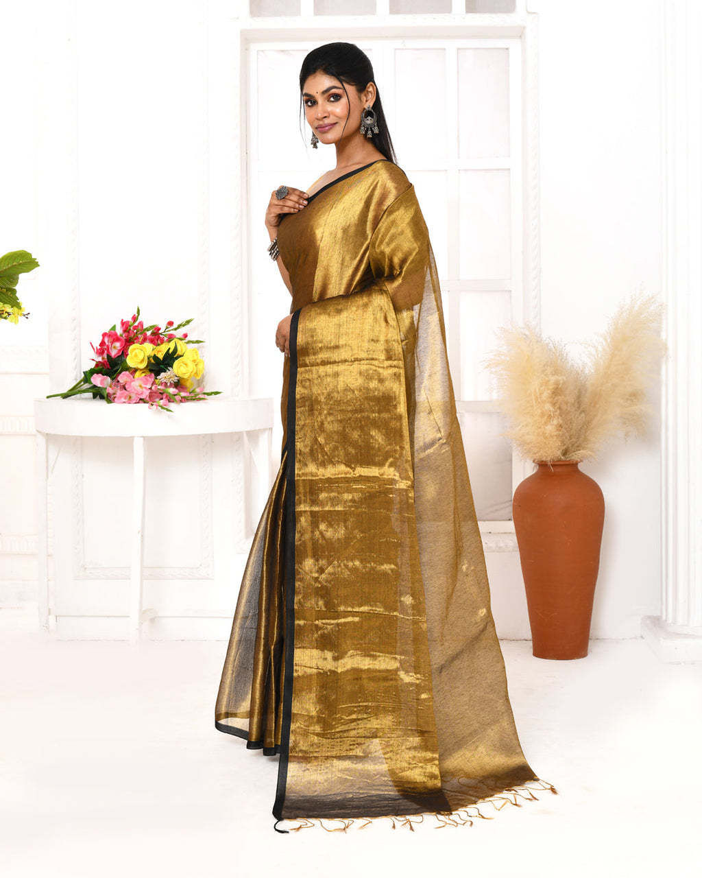 Gold Dual Tone Organic Tissue Saree with Blouse Piece