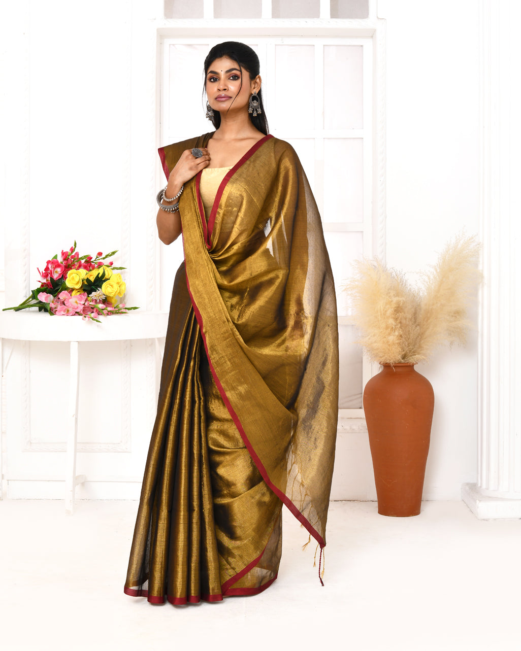 Gold Dual Tone Organic Tissue Saree with Blouse Piece
