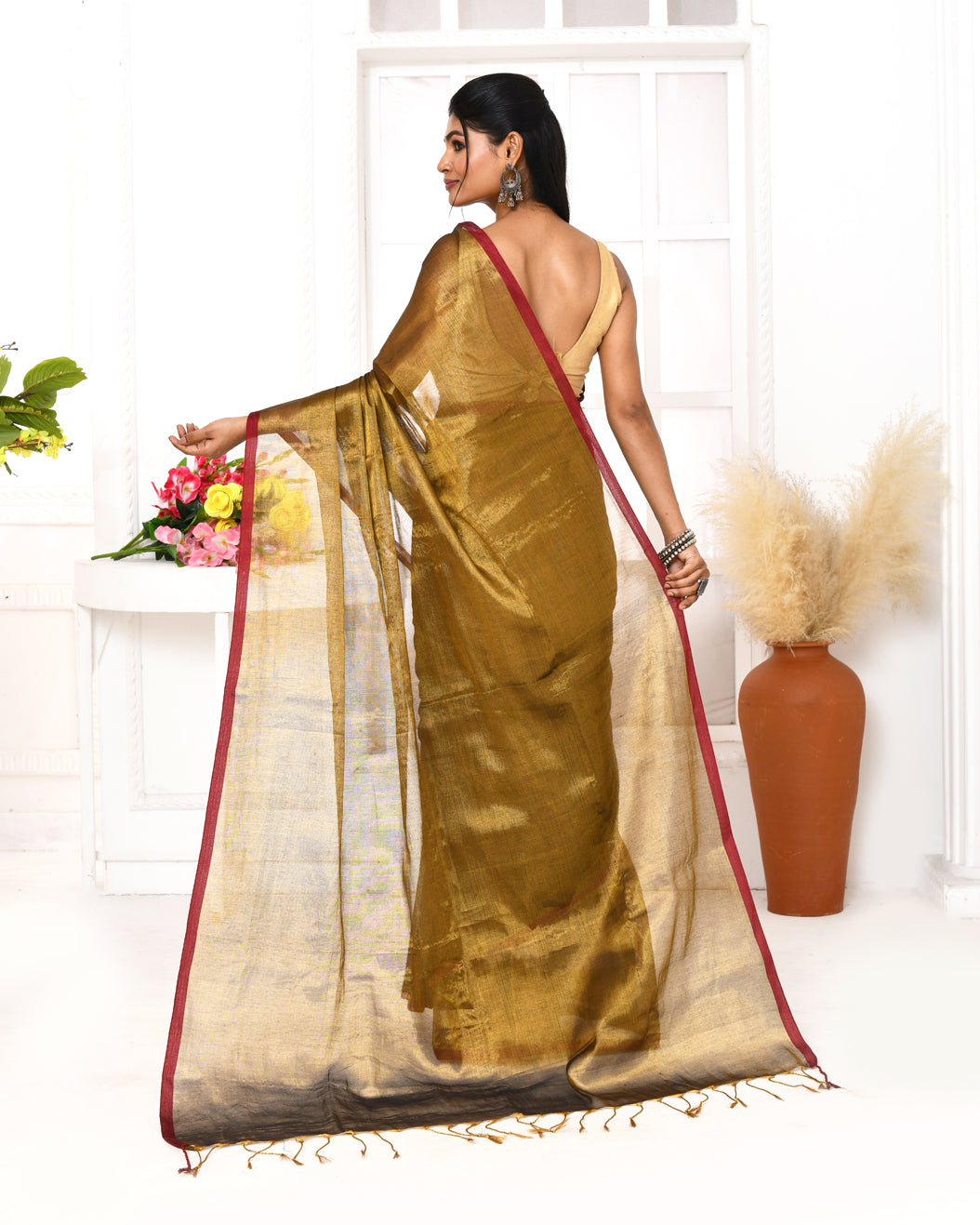 Gold Dual Tone Organic Tissue Saree with Blouse Piece