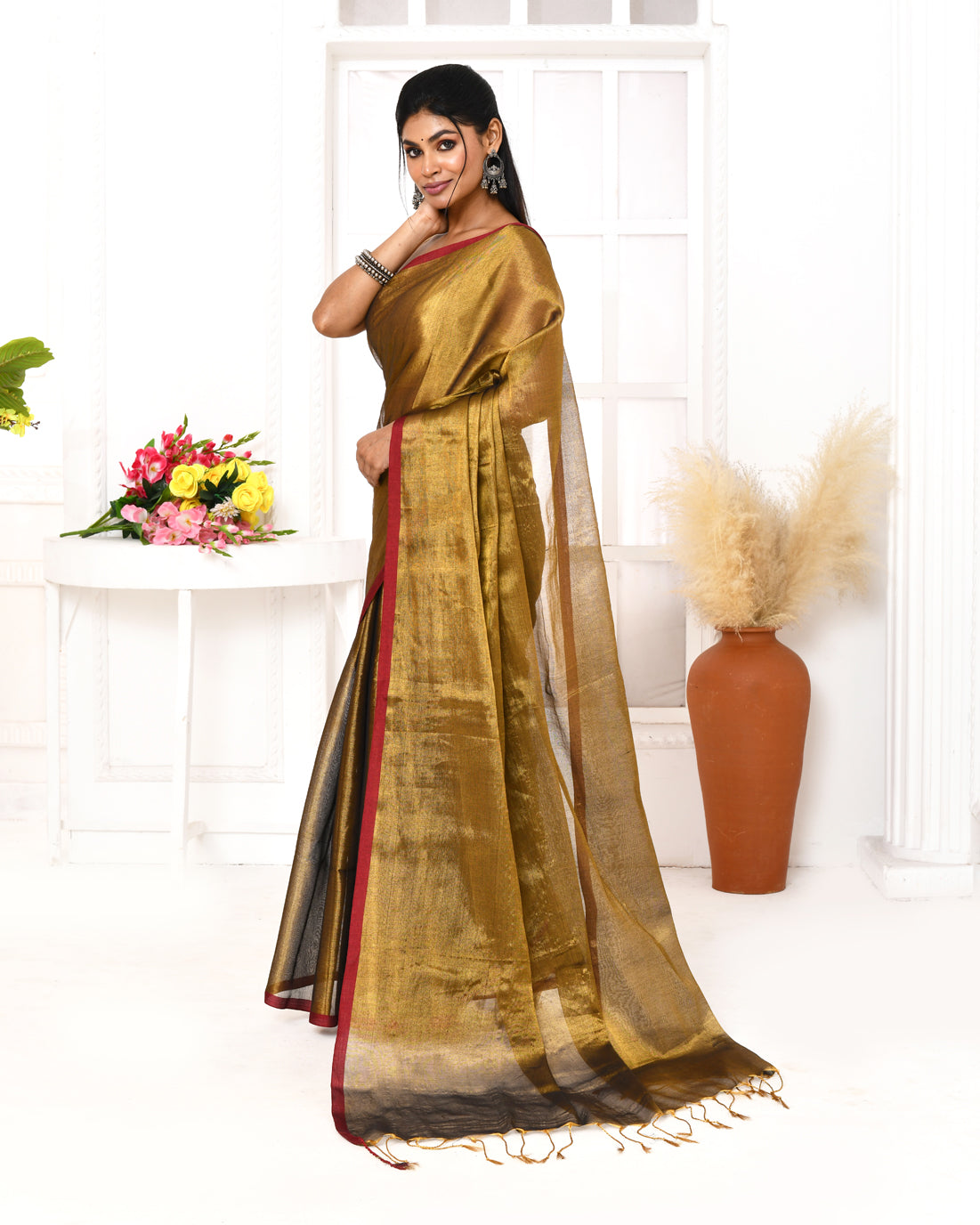 Gold Dual Tone Organic Tissue Saree with Blouse Piece