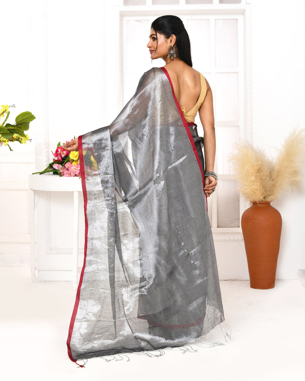 Silver Grey Dual Tone Organic Tissue Saree with Blouse Piece