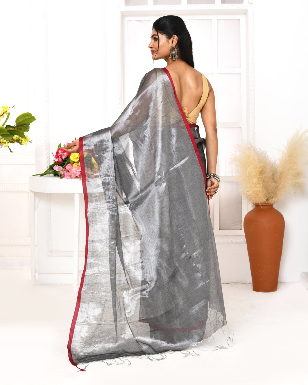 Silver Grey Dual Tone Organic Tissue Saree with Blouse Piece