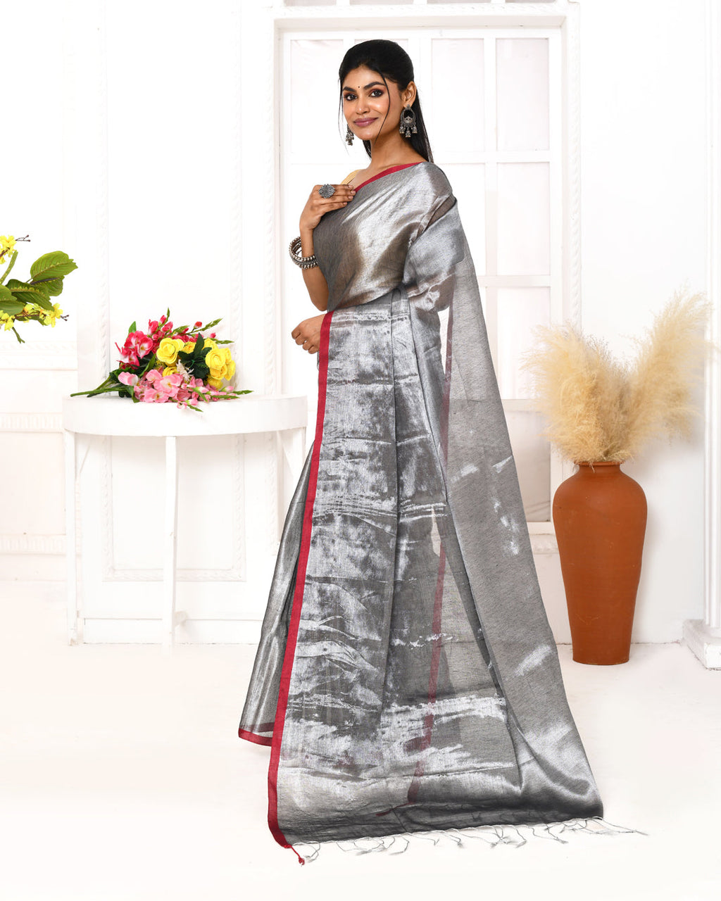 Silver Grey Dual Tone Organic Tissue Saree with Blouse Piece
