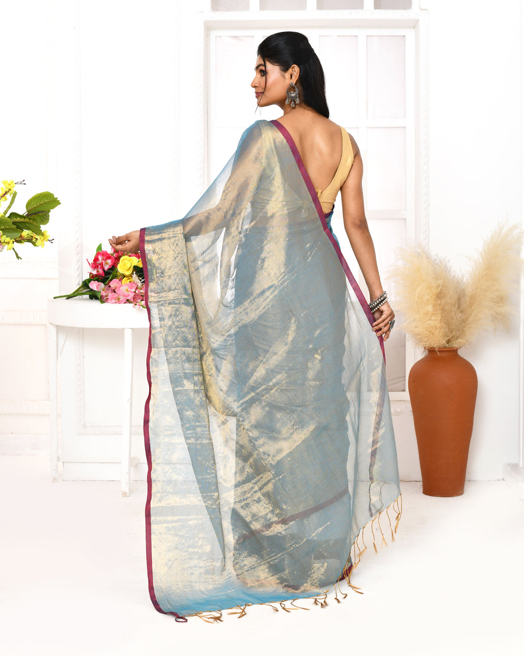 Copper Blue Dual Tone Organic Tissue Saree with Blouse Piece