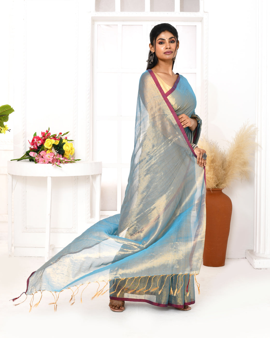 Copper Blue Dual Tone Organic Tissue Saree with Blouse Piece