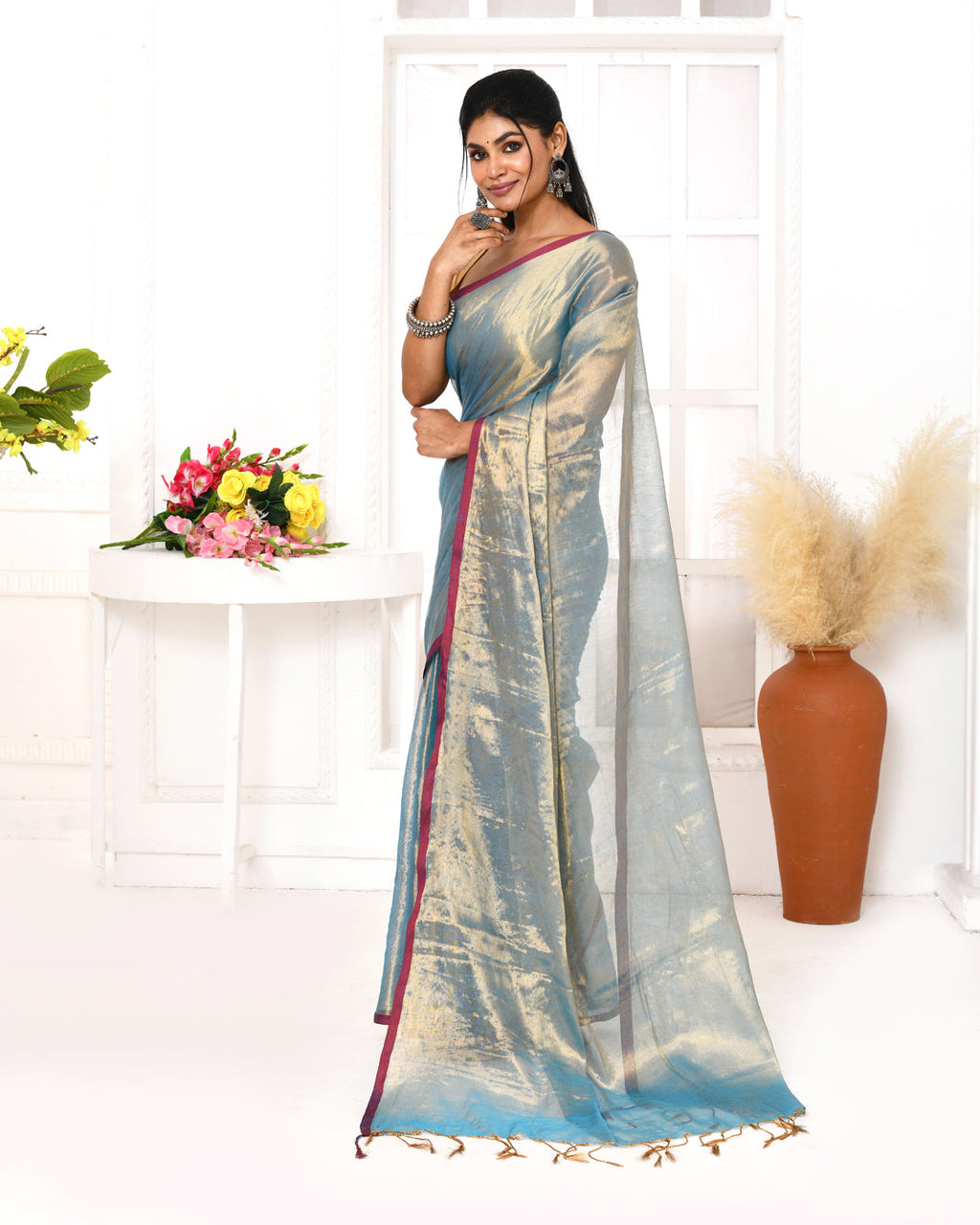 Copper Blue Dual Tone Organic Tissue Saree with Blouse Piece